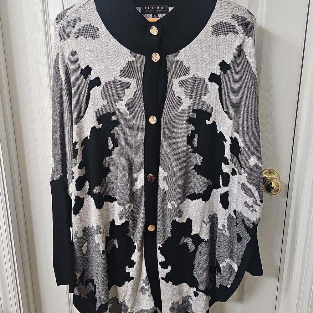 Joseph A. Black and Gray Camo Print Knit Cardigan Sweater Poncho Size L